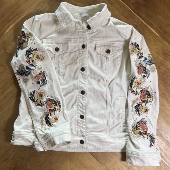 Chico's Jackets & Blazers - Chico's Women's Size 2  12 White Floral Embroidered Cotton Denim Button Jacket
